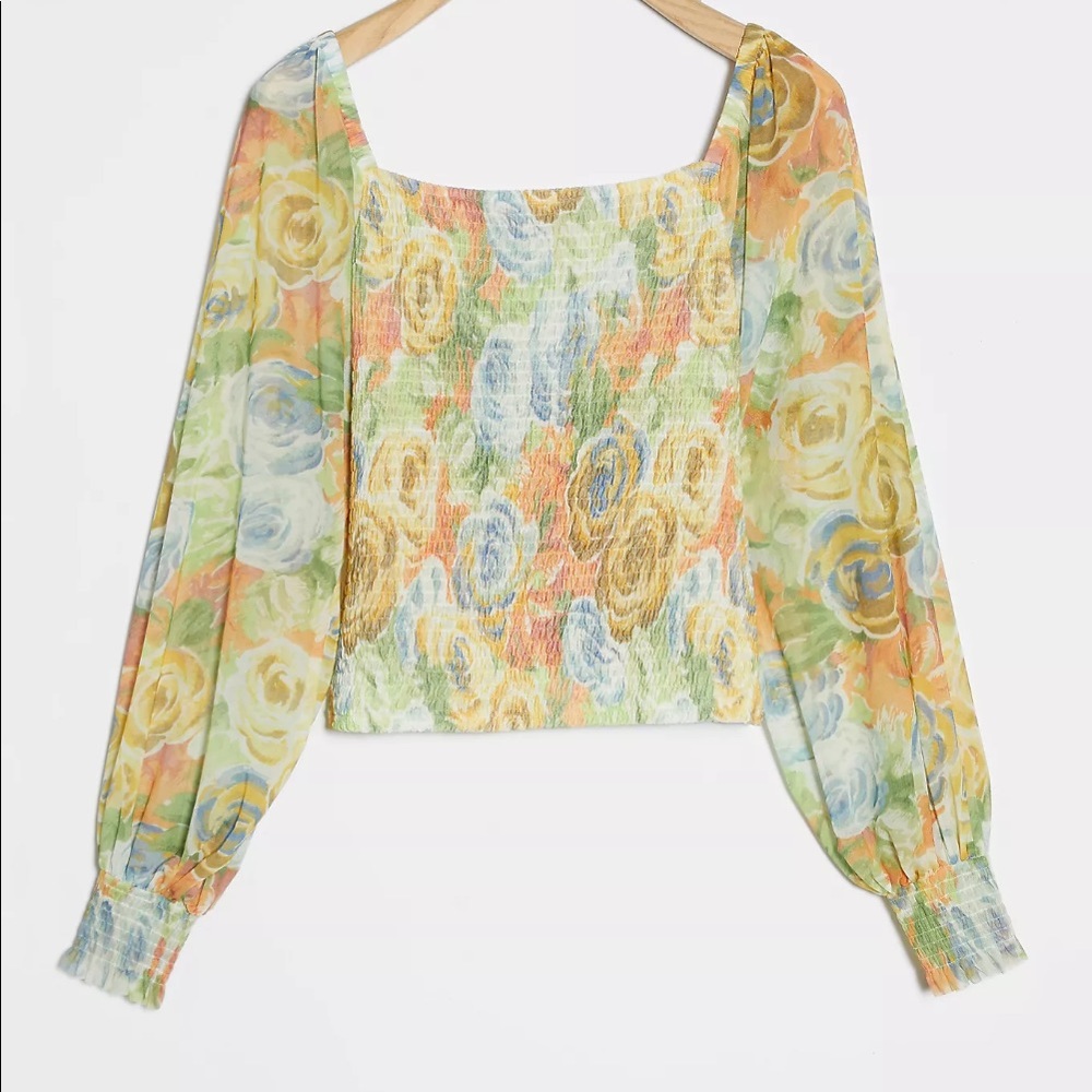 Anthropologie Rouen Smocked Mesh Long Sleeve Top